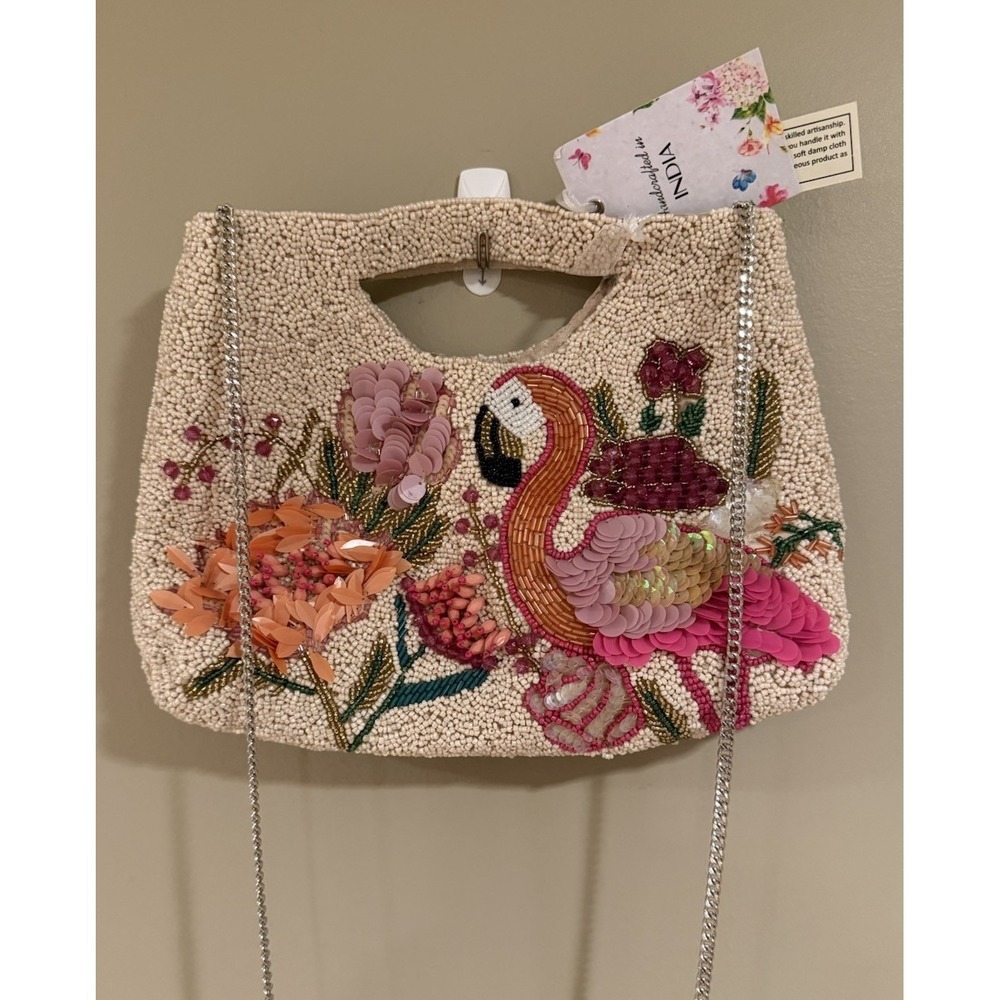 Handcrafted in India Flamingo Tropical Flowers Beaded Sequin Clutch Bag NWT